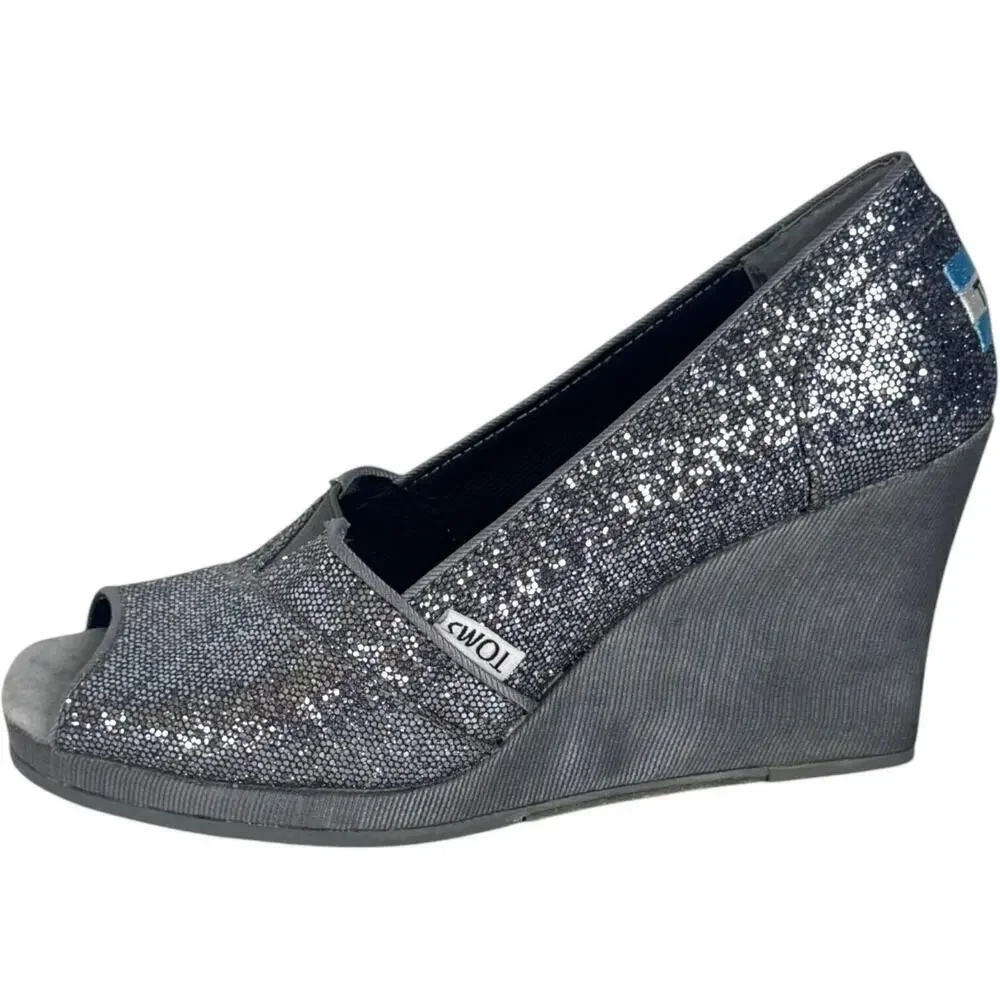 Toms Pewter Embellished Glitters Peep Toe Wedge Pumps Silver Women's Size 6.5